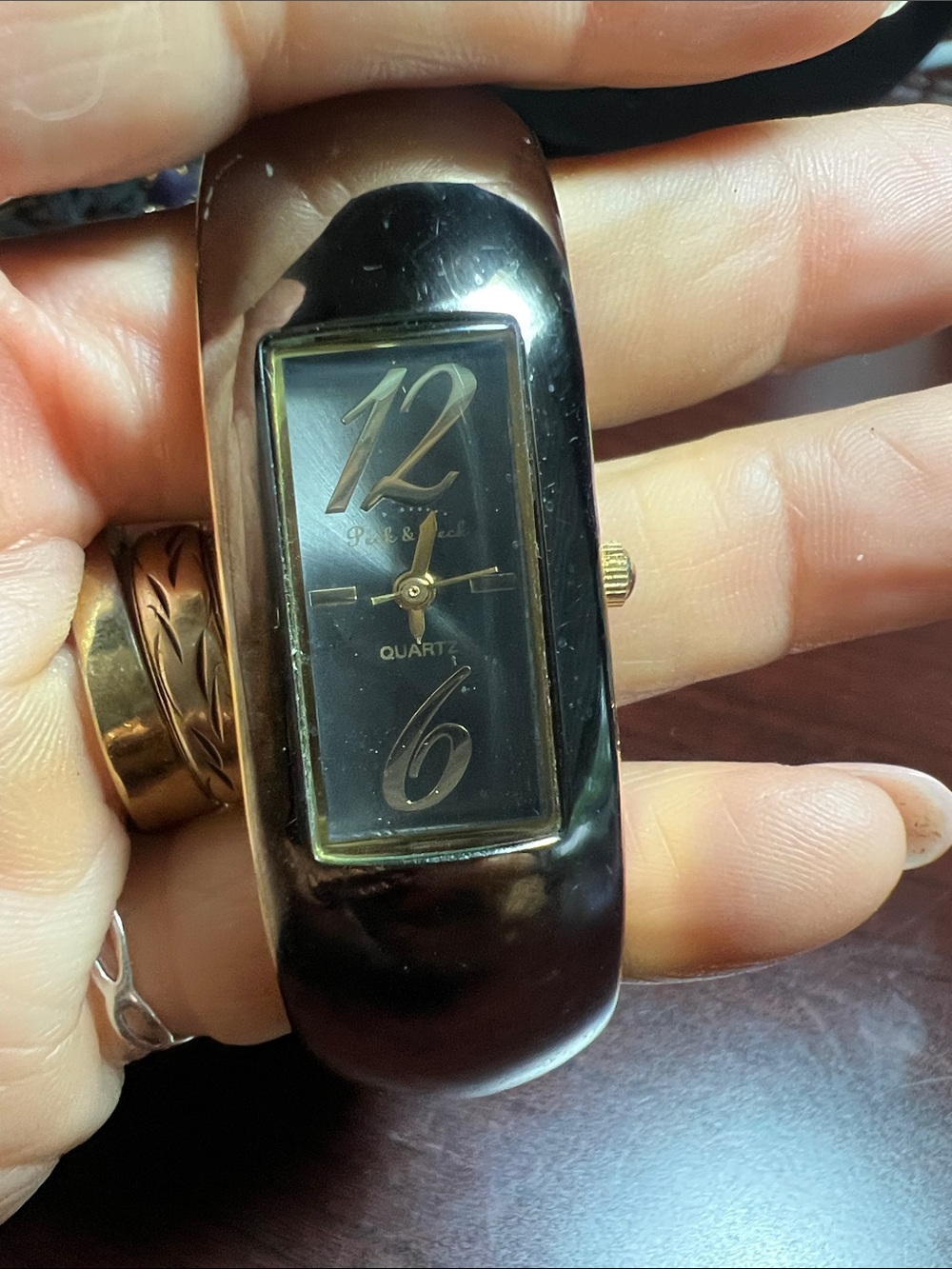 Peck & Peck Black Gold-Tone Bangle/cuff Watch with Stylized Dial